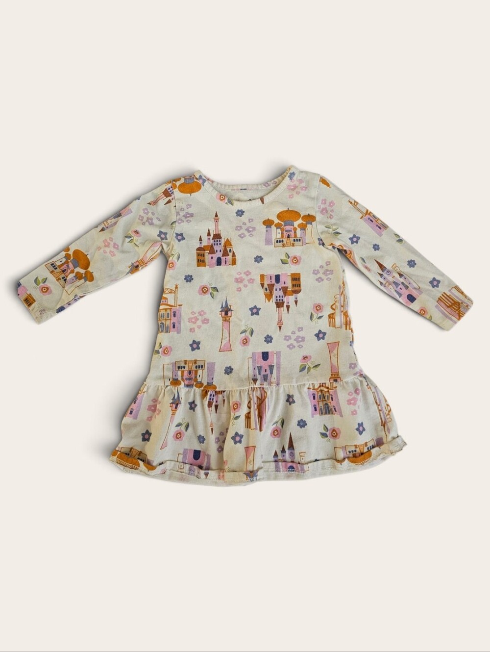 Disney Cream Long Sleeve Dress with Pink, Purple and Orange Castle Print